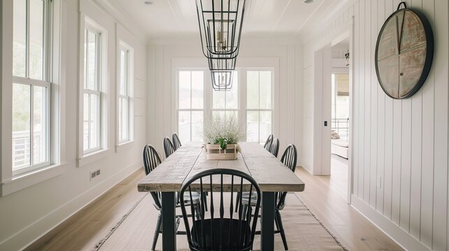 Bright white dining room with a long wooden table and symmetrical seating under a modern lantern chandelier