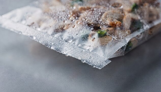 Close medium shot of frozen food packaging highlighting coated cut edges with liquid repellant finish ensuring freshness and preventing moisture damage under controlled lighting.