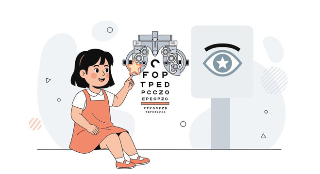Child undergoing vision test at eye doctor, ophthalmology clinic, optometry concept