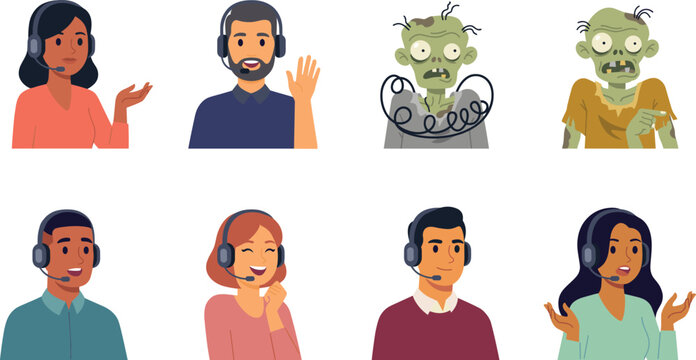 Customer Support Call Center Operators and Horror Zombie Characters Vector Avatar Icon Set for Creative Corporate Marketing and Halloween Promotional Graphic Designs
