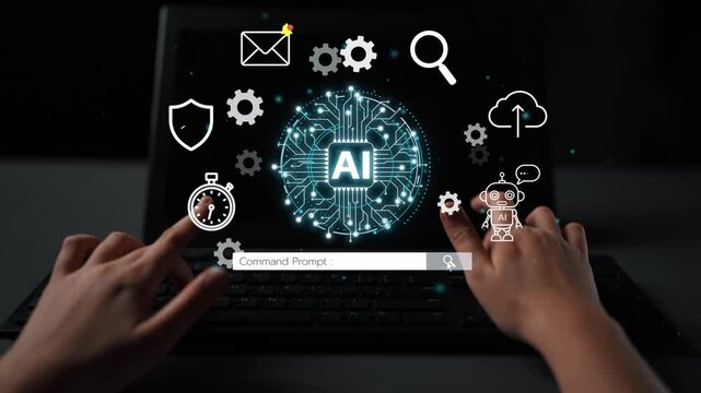 Futuristic Concept of Artificial Intelligence and Technology Interaction Featuring Command Prompt and Digital Icons on Laptop Screen. Entropy.