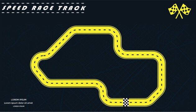 Road track or Race track in yellow color isolated on dark background with a street map.