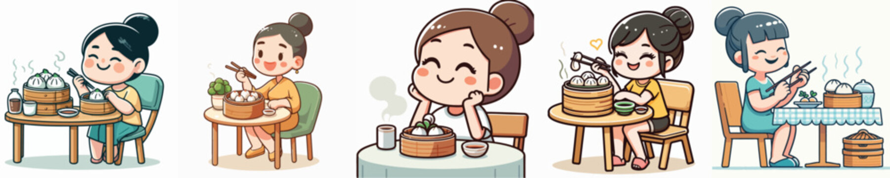 Vector set of a woman eating dimsum
