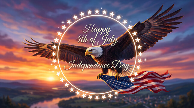 Happy 4th of July banner with bald eagle flying and holding the American flag at sunset