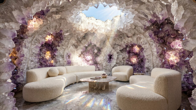 Minimalist luxury lounge built inside giant hollow quartz geode with purple mineral crystals