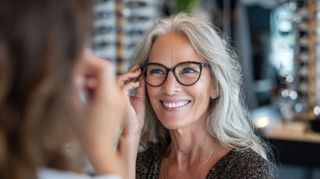 Woman trying on eyeglasses at an optical store
