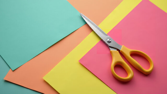 Yellow scissors rest diagonally on overlapping sheets of pastel teal, peach, yellow, and pink paper in a vibrant, minimalist flat lay.