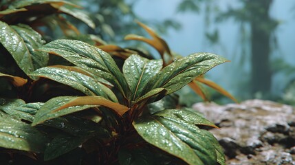 Obraz premium Closeup of tropical green leaves covered in morning dew in a lush forest