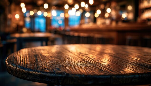 Rustic wooden table in softly lit bar with warm, glowing atmosphere