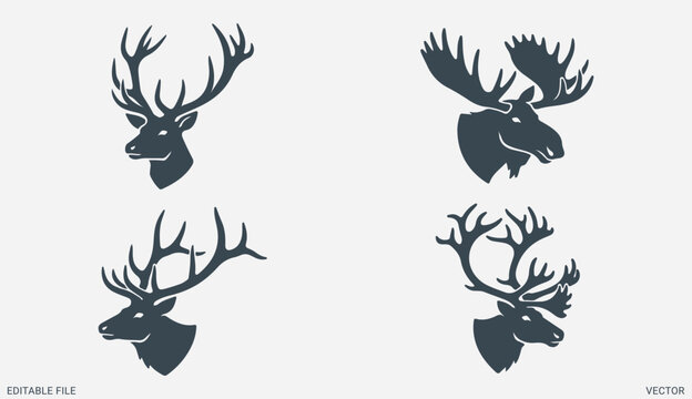 Deer head silhouettes set with antlers moose and stag vector illustrations for hunting logo design