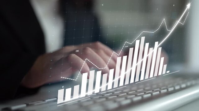 A professional setting showcasing hands typing on a keyboard with a business growth chart overlay indicating positive trends and opportunities in data analysis. Copula