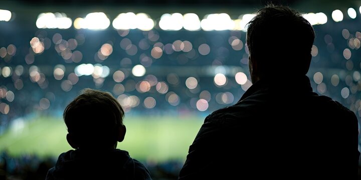 Silhouetted figures of a man and child watching a brightly lit sports stadium