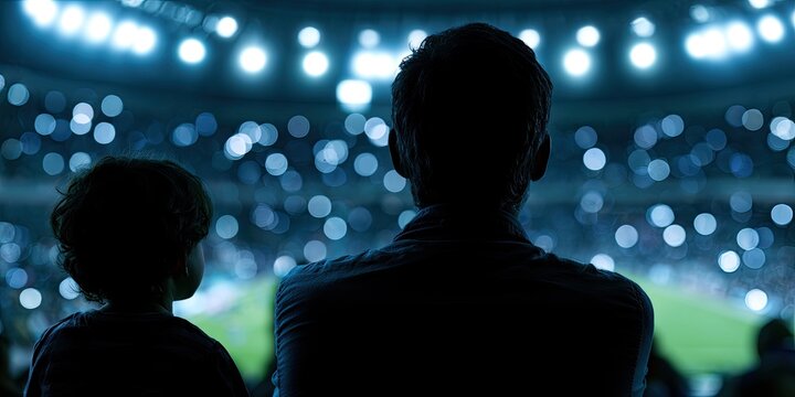 Silhouette of father and child watching a bright stadium event