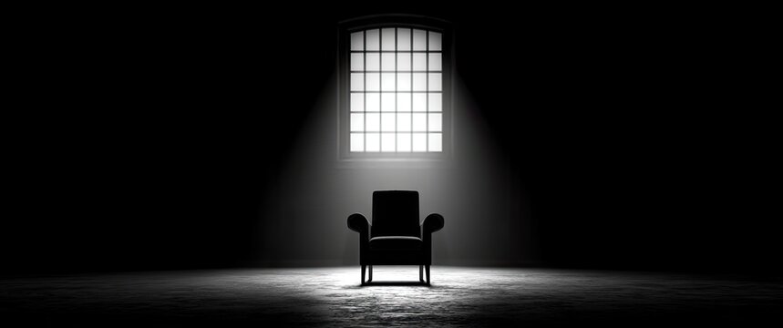 Isolated armchair illuminated in a dark room by a window