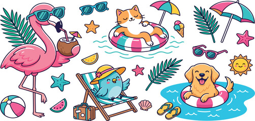 Cute summer beach animals vector elements set with flamingo cat dog and bird relaxing on vacation © MDRIFAT