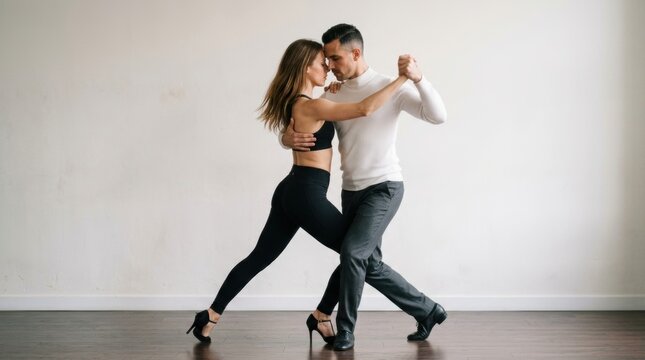 A sophisticated male instructor and his female student perform an elegant and passionate Argentine tango sequence within a brightly lit minimalist studio setting