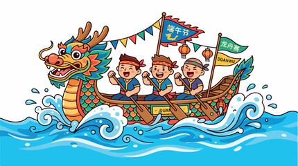 Naklejka premium Playful dragon boat race on bright blue waves as children row together in a colorful celebration of teamwork