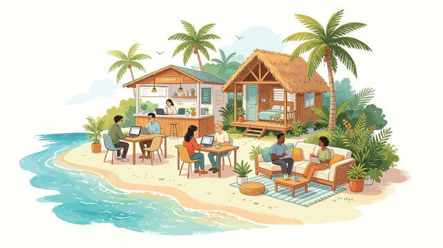 Vibrant digital painting of remote workers enjoying a tropical beachside co-working oasis with