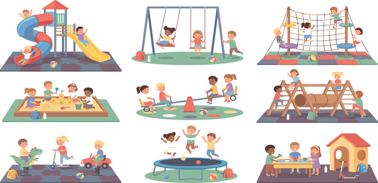 Kids playground vector elements set with children playing on slides swings sandbox and trampoline
