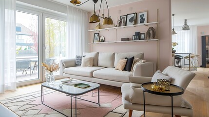 Fototapeta premium Bright, Neutral-Toned Contemporary Living Room Featuring Large Windows, Cozy Seating, and Shelving Display