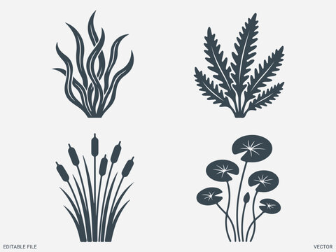 Aquatic plants silhouette vector icon set seaweed water reeds pond flora for nature ecosystem design