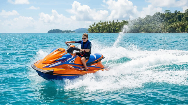 A person enjoys an exhilarating ride on a vibrant orange jet ski, speeding across the clear blue tropical ocean, creating a dynamic wake near a lush island.