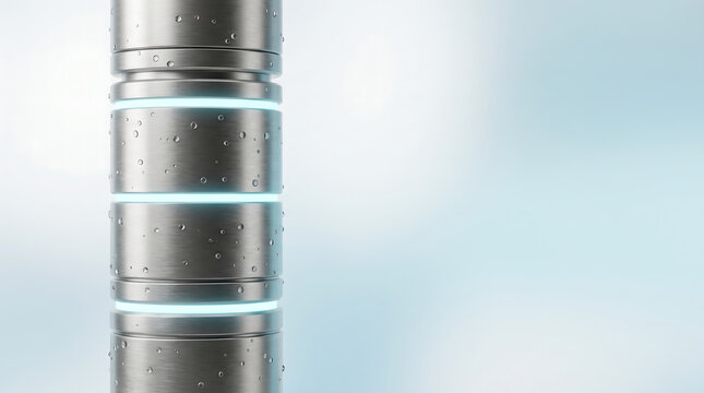Futuristic metallic energy cell with glowing blue charge indicators and water droplets, representing sustainable power, advanced technology, and eco-friendly solutions