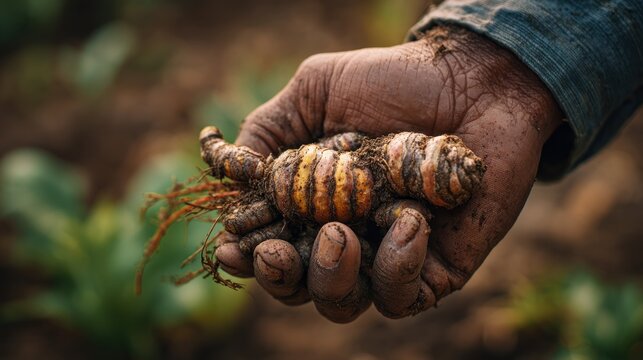 Close up of a hand holding turmeric root