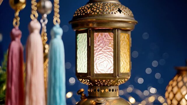 A colorful lantern with intricate designs and tassels on a dark background