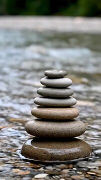 Stacked smooth river stones balanced in a shallow stream with a blurred water background