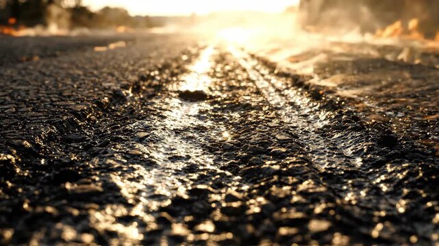 Wet asphalt road sunlight steam texture closeup outdoor summer heat reflective dramatic nature travel, wet asphalt sunlight steam texture road closeup outdoor summer heat reflective abstract travel