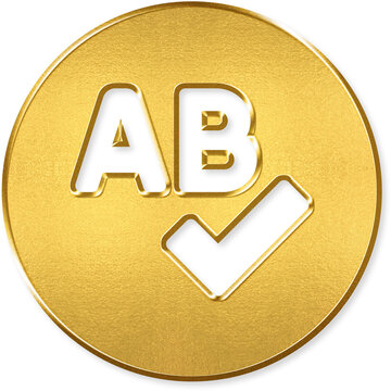 Spell check grammar icon with gold metallic 3D coin badge for spell check, grammar text, correct typo, proofread writing, language edit on transparent background
