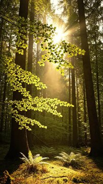 Sunbeams shining through tall trees in a peaceful green forest with moss and ferns on the floor