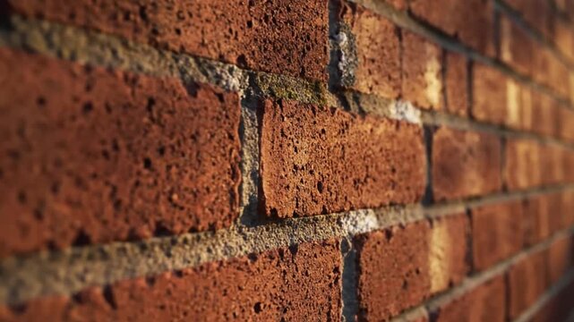 Close-up perspective of a red brick wall with natural sunlight shining across the textured surface and mortar detail