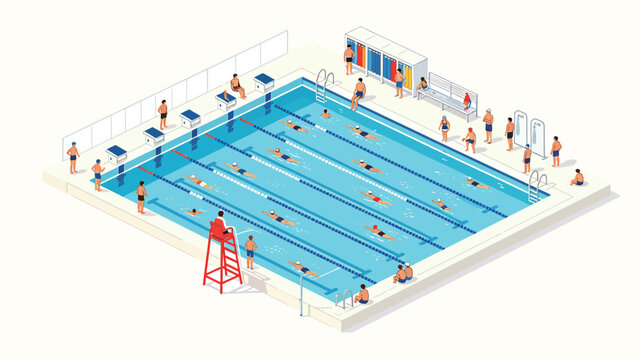 Isometric vector illustration of a busy indoor swimming pool scene with swimmers, lifeguards, and