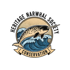 Heritage narwhal society conservation with ocean waves for marine wildlife preservation arctic sea protection environmental organization logo design © aseenz imagine