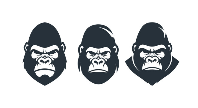 Three fierce gorilla head illustrations in black and white.