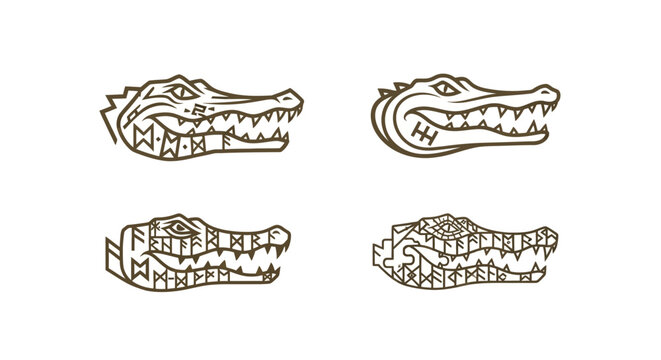 Four stylized crocodile heads with geometric patterns inside.