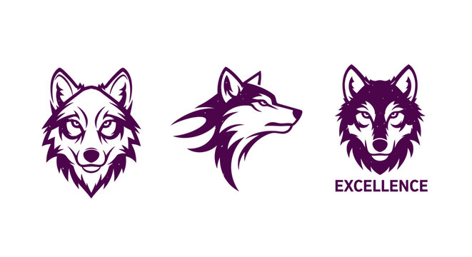 Three stylized purple wolf head logos with excellence text.