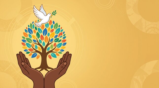 Nelson Mandela International Day A vibrant graphic celebrating global unity, diverse hands nurturing a tree of knowledge, peace, and collective growth for social good