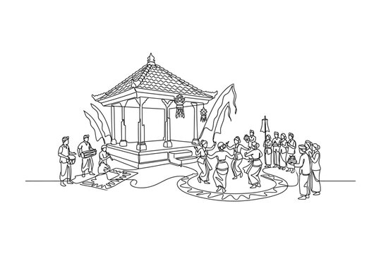 Line art illustration of a traditional Balinese dance performance in front of a temple pavilion.