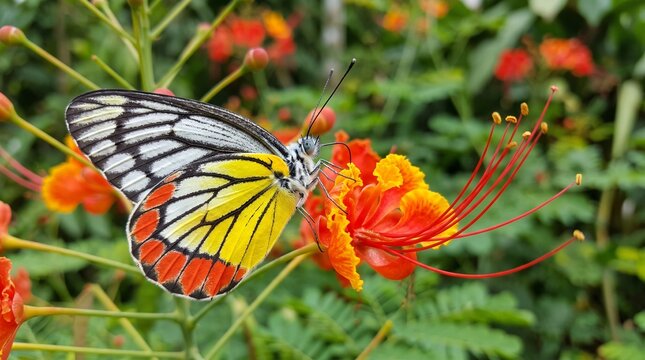 A beautiful Jezebel butterfly resting on a vibrant orange flower in a lush tropical garden.
