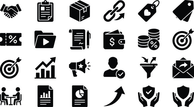 Professional set of black vector business icons featuring commerce, finance, and digital marketing design elements