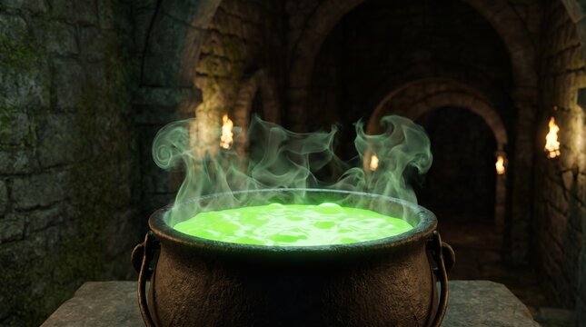 Bubbling Green Potion In A Cast Iron Cauldron Inside Stone Dungeon