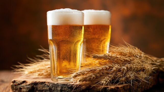 Two frothy glasses of golden ale sit atop wooden base with wheat stalks