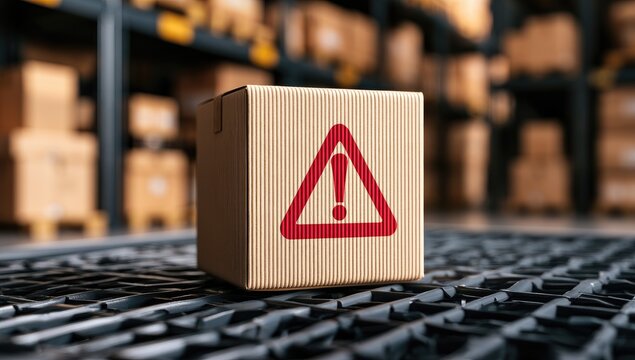 Cardboard box with warning symbol on warehouse shelf