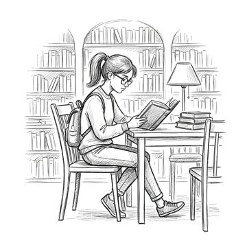 Student reading book in library with bookshelves and lamp