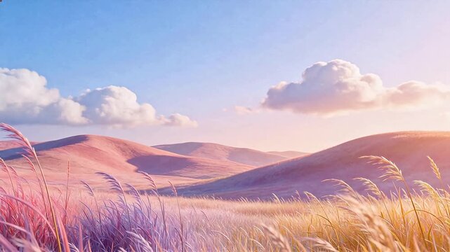 Grass field with rolling hills under blue sky