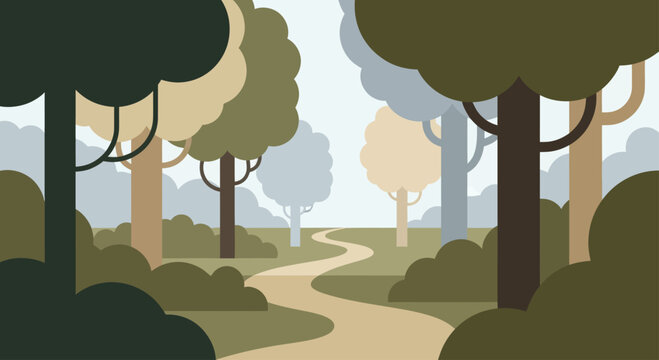 Winding Path Through a Stylized Forest Landscape.