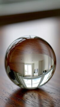 Transparent glass sphere on a wooden table reflecting an inverted modern room interior